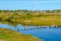 A flock of white geese sit on the grass by the river and a small wooden bridge in the background of the village with houses