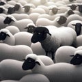 A flock of white sheep with a black sheep in the middle, generative ai Royalty Free Stock Photo