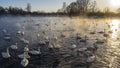 A flock of white swans in an ice-free lake at sunset. Royalty Free Stock Photo