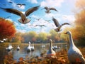 Flock of wild geese in fall forest