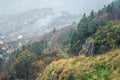 The Floibanen funicular tracks in the rain