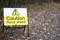 Flood ahead caution warning road sign water risk for drivers