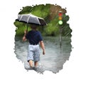 Flood digital art illustration of natural disaster. Heavy rain and boy with umbrella back view. High water tragedy, environmental