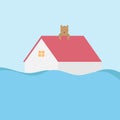 Flood disaster concept. Home flooding under water and dog on the roof