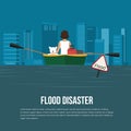 Flood disaster with flood warning banner,woman and dog on boat in flood water vector design