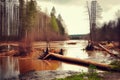 flood in forest district with felled trees and tree trunks flood consequences