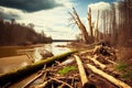 flood in forest district with felled trees and tree trunks flood consequences