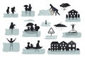 Flood infographic silhouette elements. flooded houses, city, car, people escape from floodwaters leaving houses, homes, rescue fam