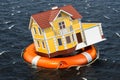 Flood insurance concept. Home inside lifebuoy swimming in the wa