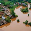 Flood in a large area of the village, view from above.