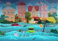 Flood natural disaster in cartoon city concept. City floods and cars with garbage floating in the water. Storm city