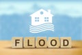 Flood natural disaster with house, rainy season, heavy rain and storm, illustration