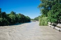 Flood - overflow of water of the Isar river in the center of Mun