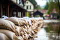 Flood protection sandbags with flooded homes in the background. Generative AI