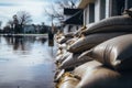 Flood protection sandbags with flooded homes in the background. Generative AI