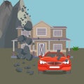 Flood realistic natural disaster vector illustration. Cottage house, car, trees