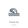 Flood risk icon. Thin linear flood risk outline icon isolated on white background from insurance collection. Line vector flood
