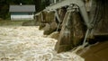 Flood river flooding Morava water, weir sluice spate, hydro-electric power station hydroelectric, dam flowing barrage Royalty Free Stock Photo