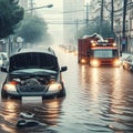 A flood scene in which cars are in deep water. Climate change concept Royalty Free Stock Photo