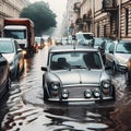 A flood scene in which cars are in deep water Royalty Free Stock Photo