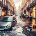 A flood scene in which cars are in deep water Royalty Free Stock Photo