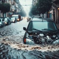 A flood scene in which cars are in deep water Royalty Free Stock Photo