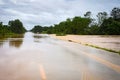 Flood water flow through the road after heavy winds and storm surges