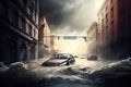 flood waters flowing through street and lifting cars above ground flood consequences