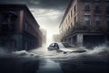 flood waters flowing through street and lifting cars above ground flood consequences