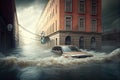 flood waters flowing through street and lifting cars above ground flood consequences