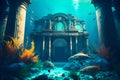 Flooded Atlantis columns in the ancient empty city of statues and schools of fish. Generative AI