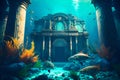 Flooded Atlantis columns in the ancient empty city of statues and schools of fish. Generative AI Royalty Free Stock Photo