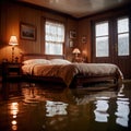 Flooded bedroom in house, with water damage and insurance problems