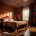 Flooded bedroom in house, with water damage and insurance problems