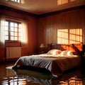 Flooded bedroom in house, with water damage and insurance problems