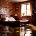 Flooded bedroom in house, with water damage and insurance problems