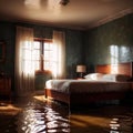 Flooded bedroom in house, with water damage and insurance problems