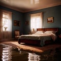 Flooded bedroom in house, with water damage and insurance problems