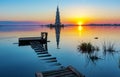 Flooded bell tower of St. Nicholas Cathedral in Kalyazin Kalyazin at sunrise, Tver region, Russia