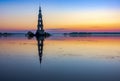 Flooded bell tower of St. Nicholas Cathedral in Kalyazin Kalyazin at sunrise, Tver region, Russia