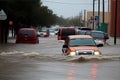 Flooded cars on the street of the city. Heavy rain. Disaster Motor Vehicle Insurance Claim Themed. Generative AI.