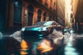 Flooded cars on the street of the city. Street after heavy rain. Water could enter the engine.