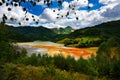 Flooded church in toxic red polluted lake due to copper mining,