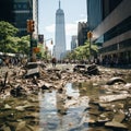 A flooded city street or the aftermath of the flood