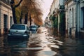 Flooded Cityscape A Car Stranded in European Urban Waters Royalty Free Stock Photo