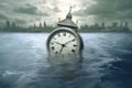 Flooded clock. The concept of sea-level rise and lack of time to address it. Generative AI