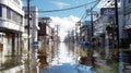 A flooded coastal Japanese city from floods caused by rising sea levels due to the melting of glaciers and ice sheets.