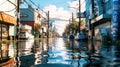 A flooded coastal Japanese city from floods caused by rising sea levels due to the melting of glaciers and ice sheets.