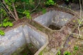 Flooded disguised secret military bunker. Abandoned bomb shelter