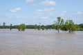 Flooded Dutch polder area next to a dike overgrown with grass. Flood in Limburg in July 2021 Royalty Free Stock Photo